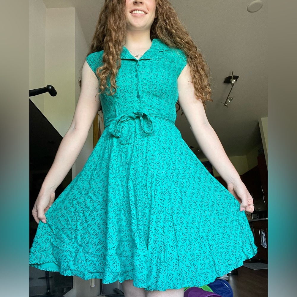 Teal dress with glasses print-button up front, with side zipper-Collared